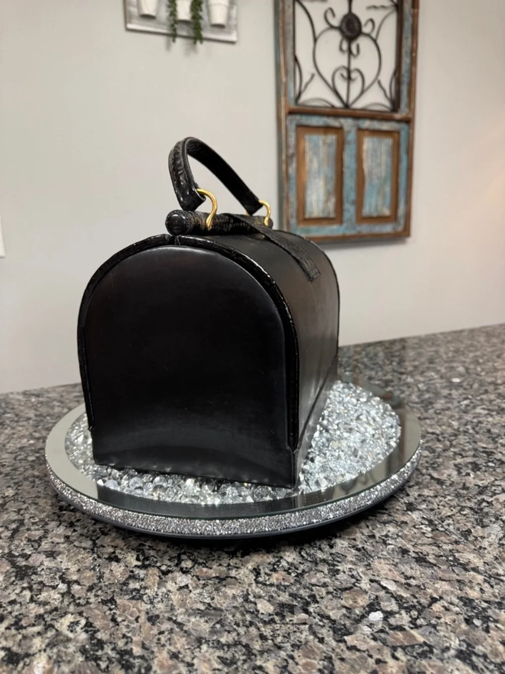 Black Structured Top-Handle Cosmetic Case with Gold Lock